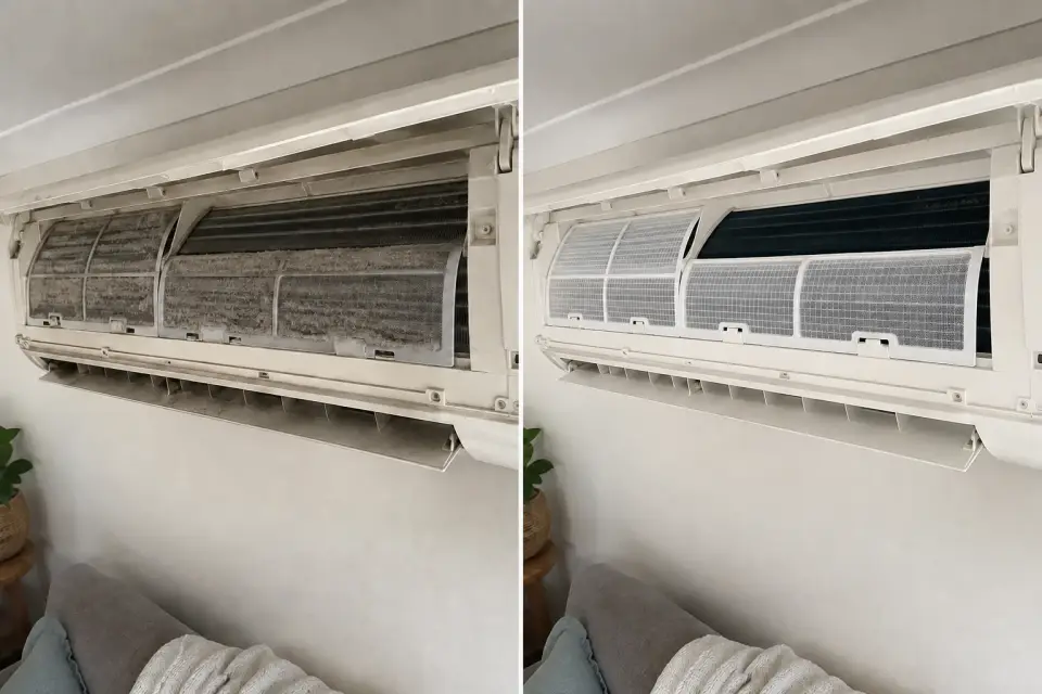 Dusty split system interior beside the same unit after cleaning